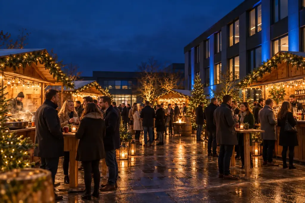 KI-Konzeptvisualisierung: Firmen-Weihnachtsmarkt mit beleuchteten Holzhütten und Gästen im Innenhof